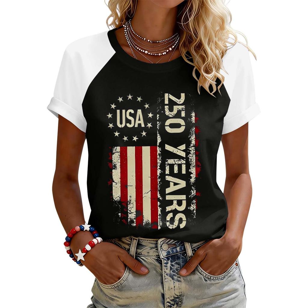 Women’s Raglan Sleeve Printed Top USA 250 Years Graphic Casual Crewneck Short Sleeve Loose Fit Summer T Shirt for Women