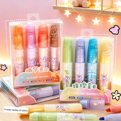 4Pcs Cute Bear Glitter Highlighter Set Large Capacity Pastel Markers for Journaling Notes Smooth Quick-Dry Fun School Supplies for Kids Students