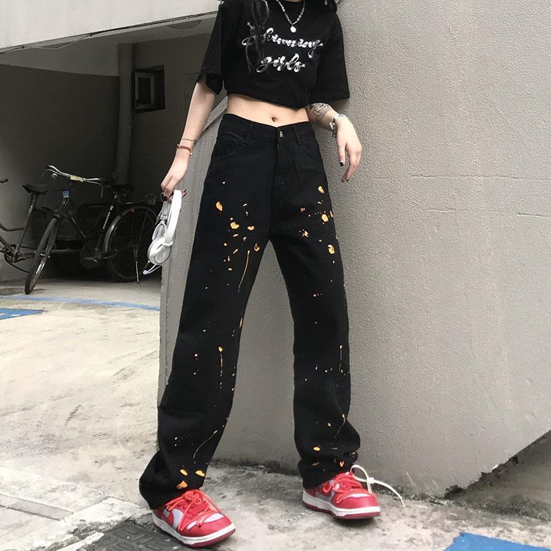 Pantaloni largi pentru femei High Street, blugi cu picior drept, cu cerneală moale