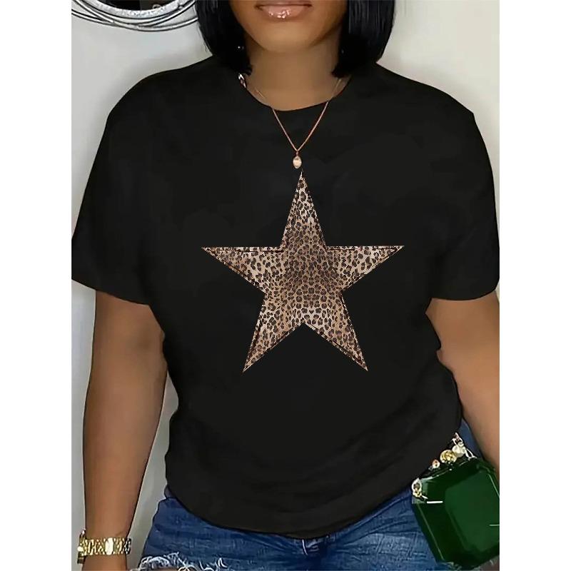 

European Size Women S Chic Leopard Print Star T-Shirt - Casual Crew Neck, Short Sleeve, Stretchy Polyester Blend 4XL чорний