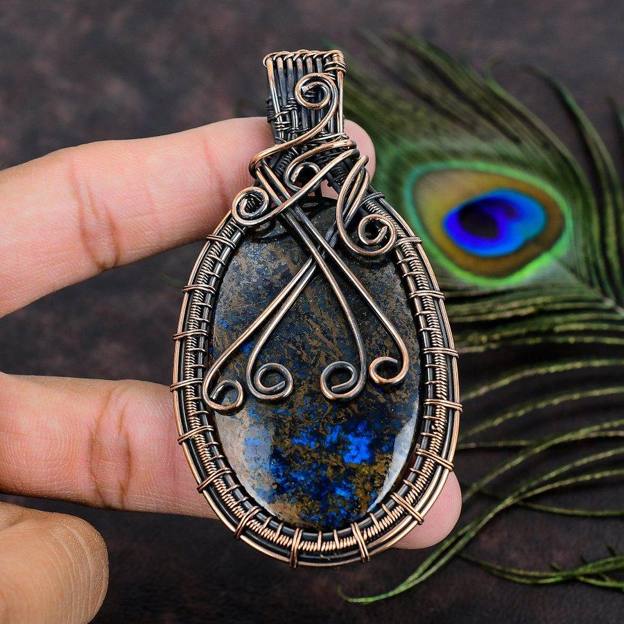 Natural Azurite Gemstone Handmade Copper Wire Wrap Gift Pendant 3.59 m4W90