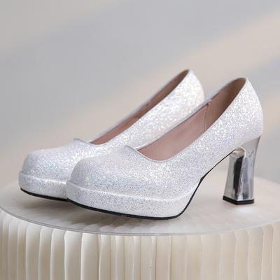 Mode Damenmode Wasserdichte Plateau High Heels Herbst Neu Quadratische Spitze Flacher Ausschnitt Pailletten Temperament Einzelne Schuhe