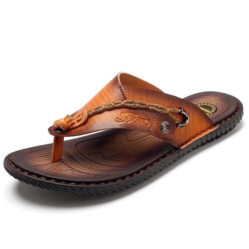 Fashion Summer New Casual Leather Slippers High Quality Classic Flip Flops Clip On Mens Beach Slippers Outdoor Antiskid Soft Bottom Shoe