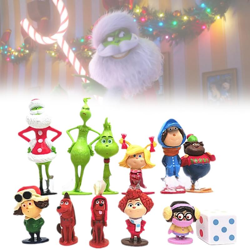 12 Entzückende Grinch-Figuren Weihnachten Thema Grüne Fellcharaktere Sammlerdeko