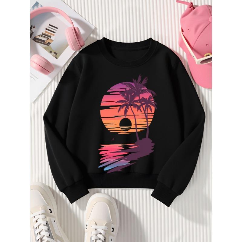 European sizes Tropical Sunset Palm Trees Water Reflection Girls' Crew Neck Sweatshirt, Western Top, Long Sleeved, Casual for Little Girls.