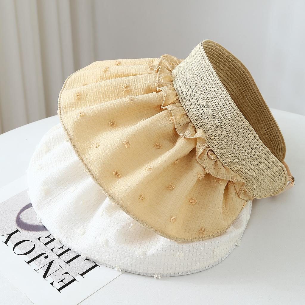 Elegant Temperament Seersucker Splicing Empty Top Hat Summer Casual Commuting Versatile Face Small Shade Sun Hat