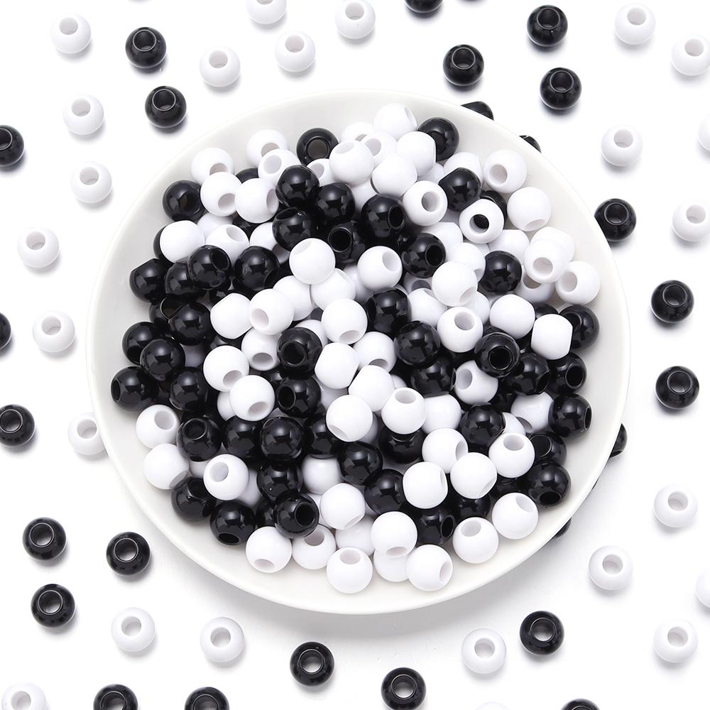 6 8 10 12 14 16mm Acrylperlen Schwarz Weiß Einfarbige Große Lochung Lose Runde Perlen für DIY Armband Halskette Schmuckherstellung