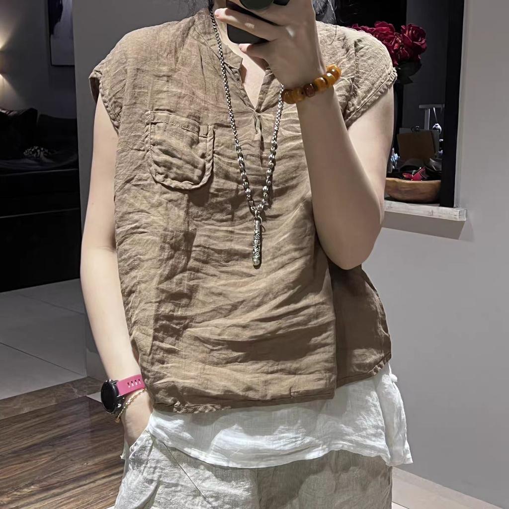 Women Vintage Linen Tank Top Summer Solid Color Drop‑Shoulder Loose Sleeveless Vest Casual Retro Literary Outer Wear Top