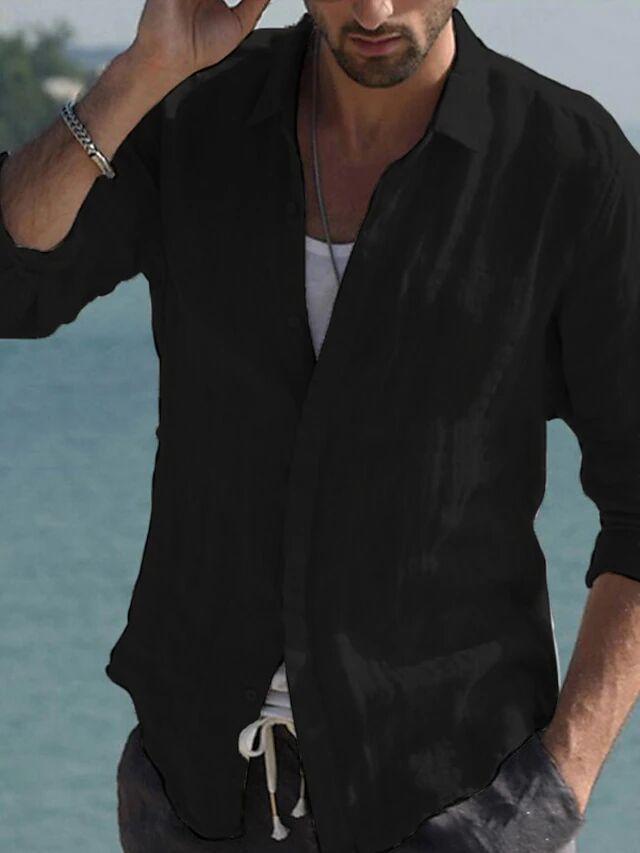 Men's Cross-Border Linen Spring and Summer Beach Long Sleeve Solid Color Casual Shirt Daily Shirt