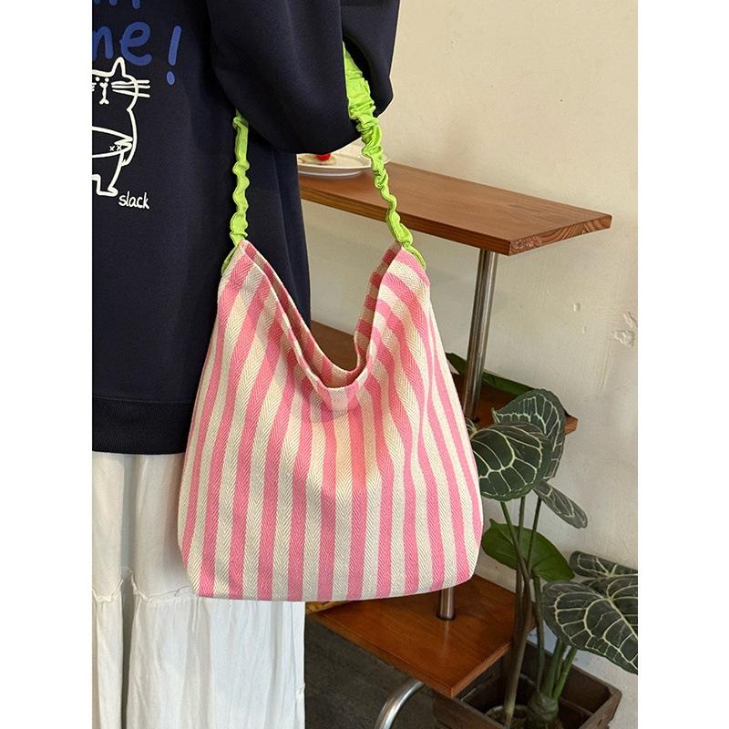 Niche Striped Canvas Bag Women's 2025 New Large-capacity Shoulder Bag Lazy Wind Contrasting Color Literary Tote Bag