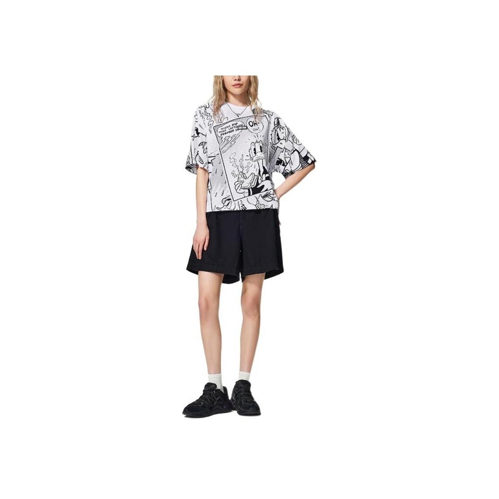 Li Ning X Disney Mickey Series SS22 Cartoon Pattern All Over Print Loose Short Sleeve T-Shirt Women Tops Black White AHSS272-3