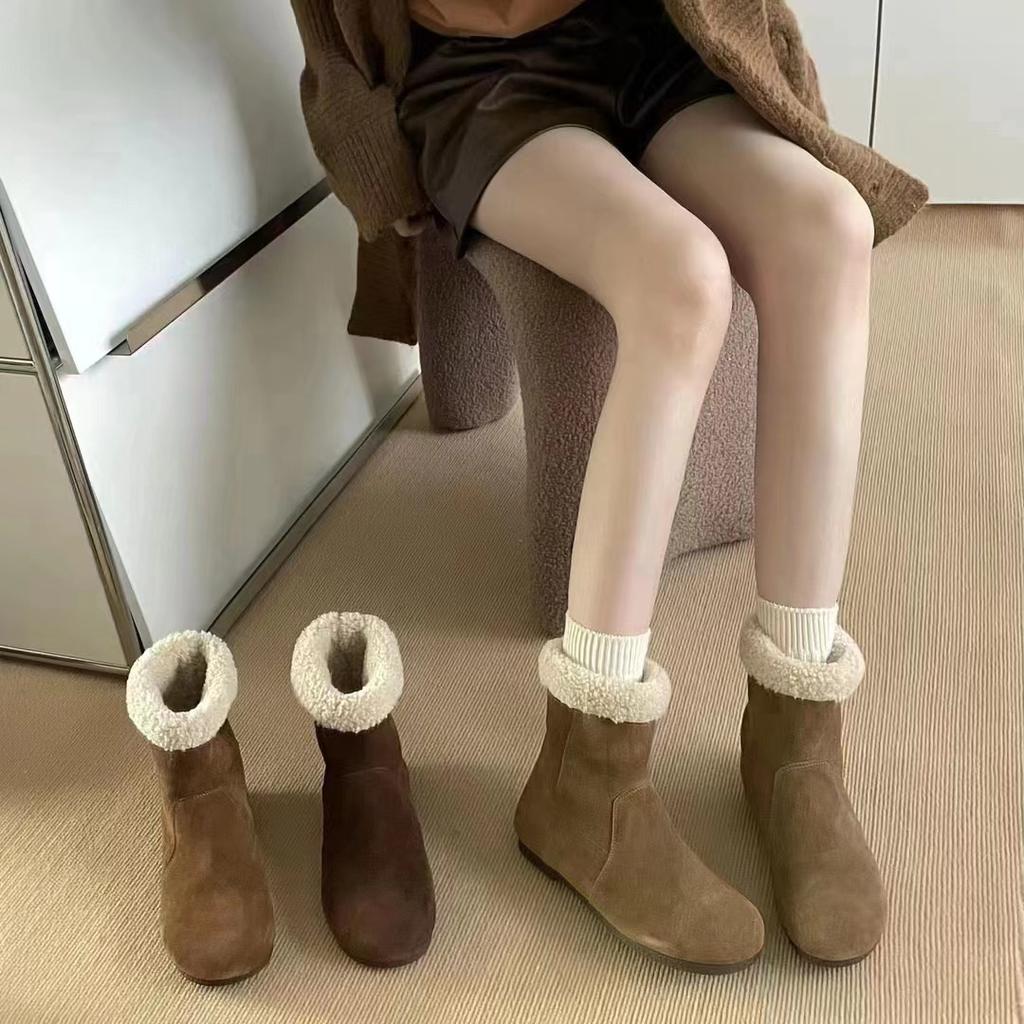 Two-wear leather snow boots women's winter 2025 new retro lamb wool short boots velvet cotton shoes