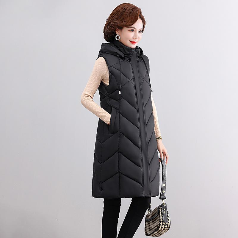 Middle-aged and Elderly Down Cotton Vest Women's Medium and Long Hooded Knee Vest Jacket
