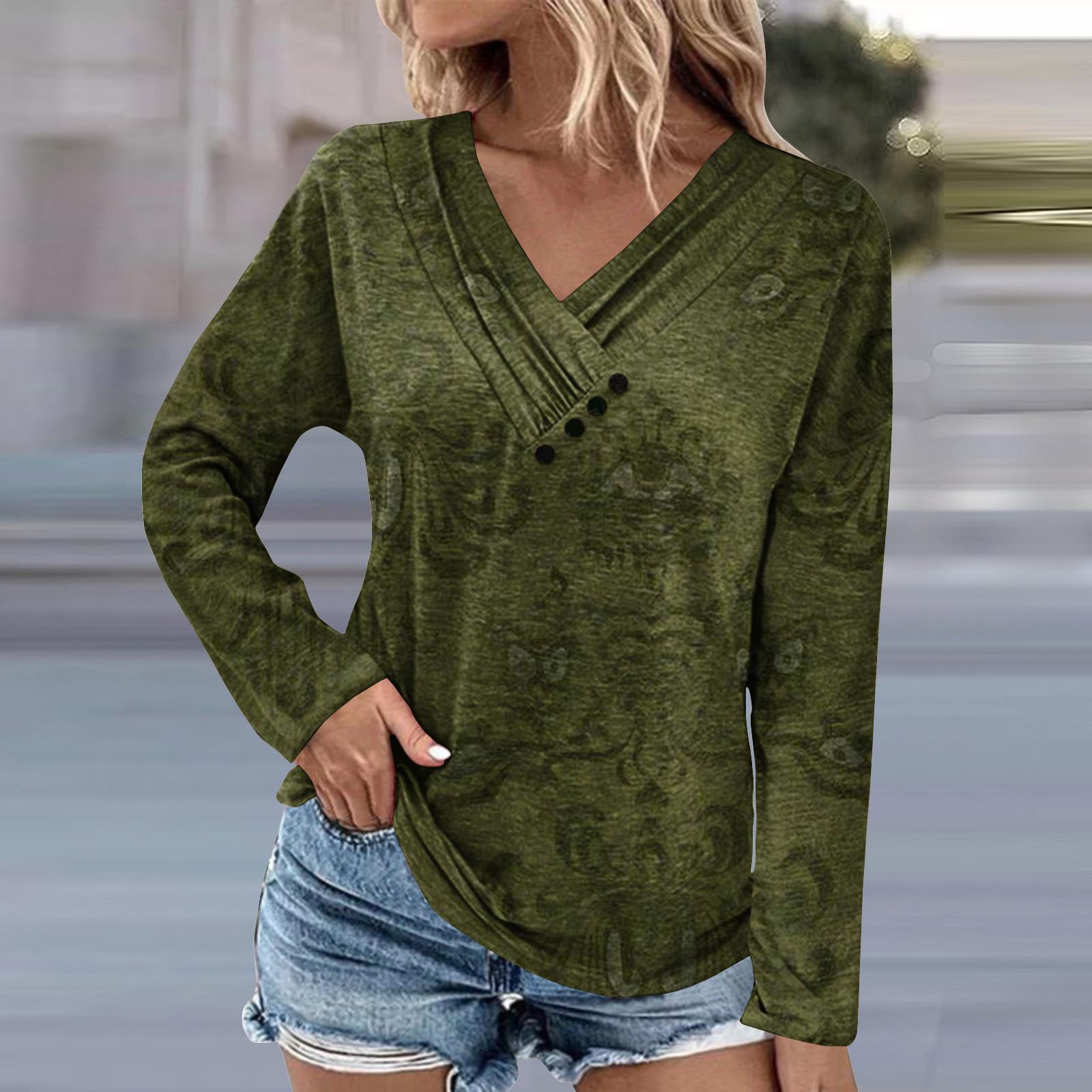 

Женская туника с длинным рукавом, свободные топы, повседневные топы оверсайз, плиссированная туника на пуговицах, повседневные осенние женские топы с принтом на Хэллоуин M армия зеленый