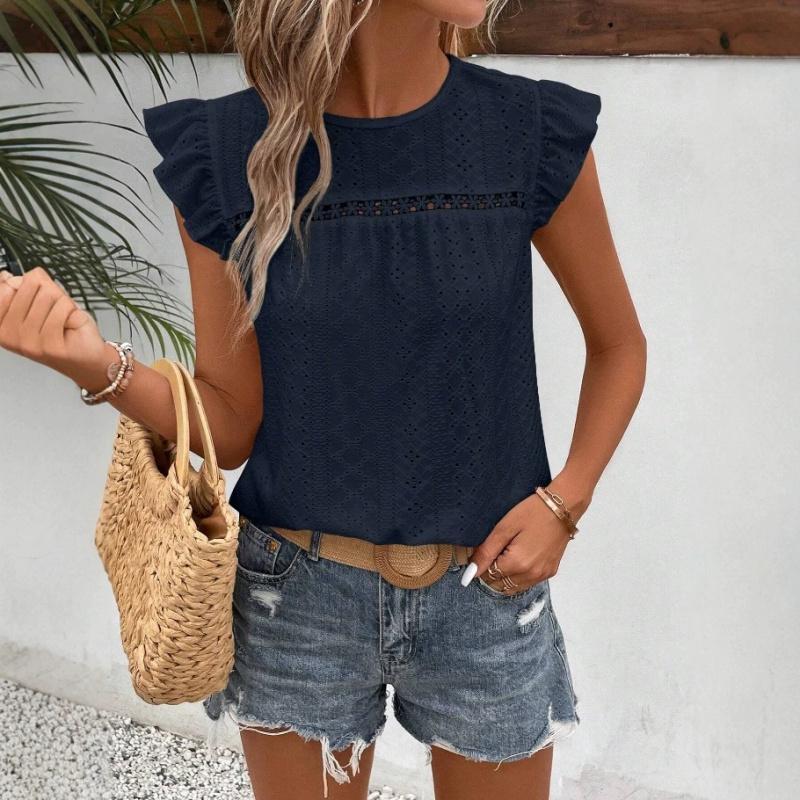 Summer Women's New Round-neck Lace Solid Color Ruffle Short-sleeve Top Casual T-shirt