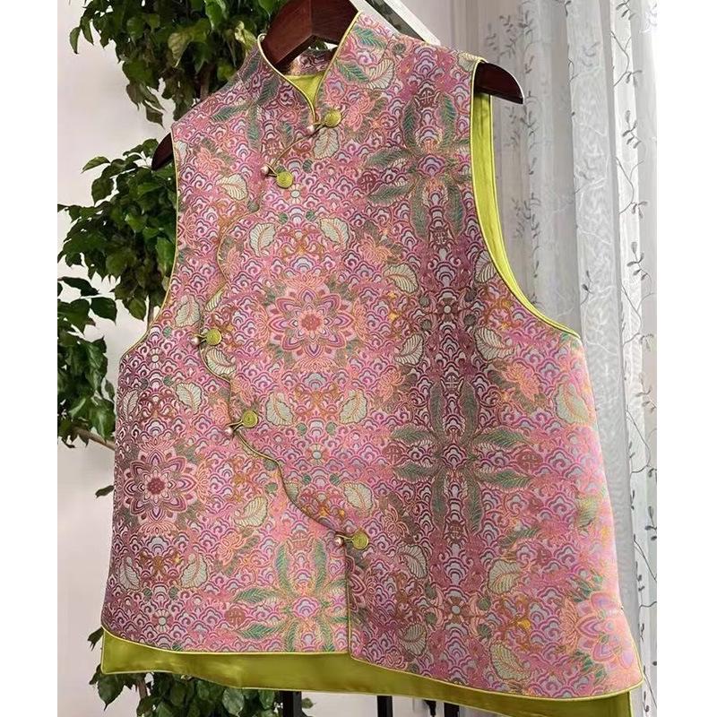"2024 Pink Printed Asymmetrical Collar Vest Jacket for Women – Chinese Style, Perfect for Spring, Autumn, Winter"