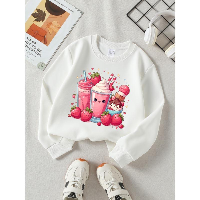 This Valentine'S Day, Girls Can Enjoy a Cozy Long-Sleeve Crewneck Sweatshirt Featuring Adorable Strawberry Drinks with