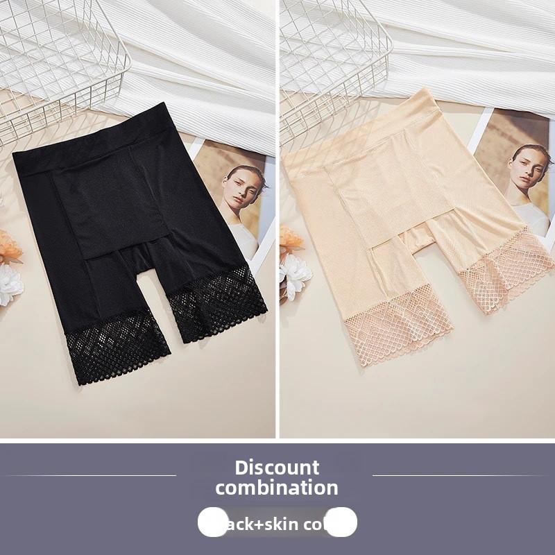 

2 Pairs Plus Size Ladies Summer Lace Anti Slip Ice Silk Traceless High Waisted Safety Leggings L чёрный/телесный