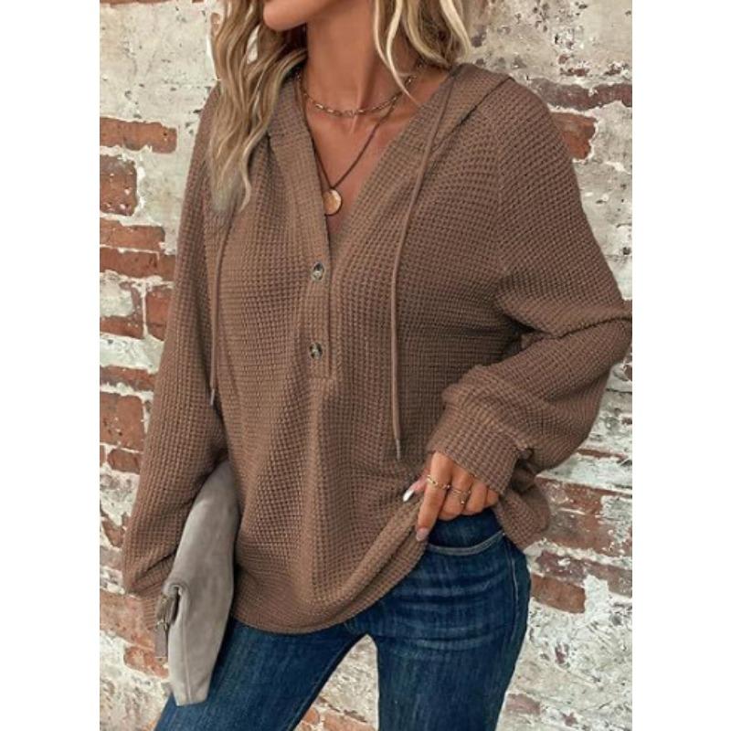 Women S Solid Color Hooded Buttoned Long Sleeve Sweatshirt