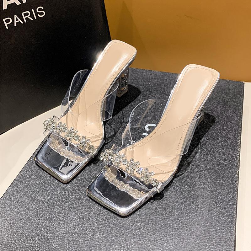 Cool Slippers Women's Summer Outer Wear New Year's Transparent Rhinestone Temperament Thick Heel Crystal High Heel Slippers Women