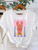 Pink And Blue Striped Lobster And Lemon Print T-Shirt  Fun Seafood-Themed Round Neck Short Sleeve Shirt  Casual Style To