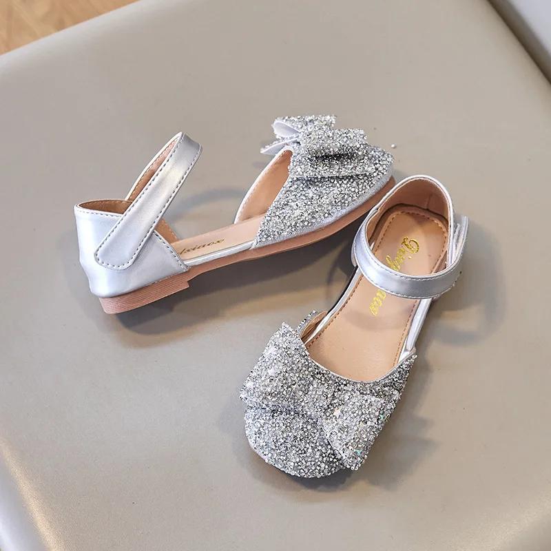 Faux Gemstones Shoes for Kids Girls Shining Crystal Girls Dress Shoes for Party and Wedding Bowtie Children Girl Sandals I04204