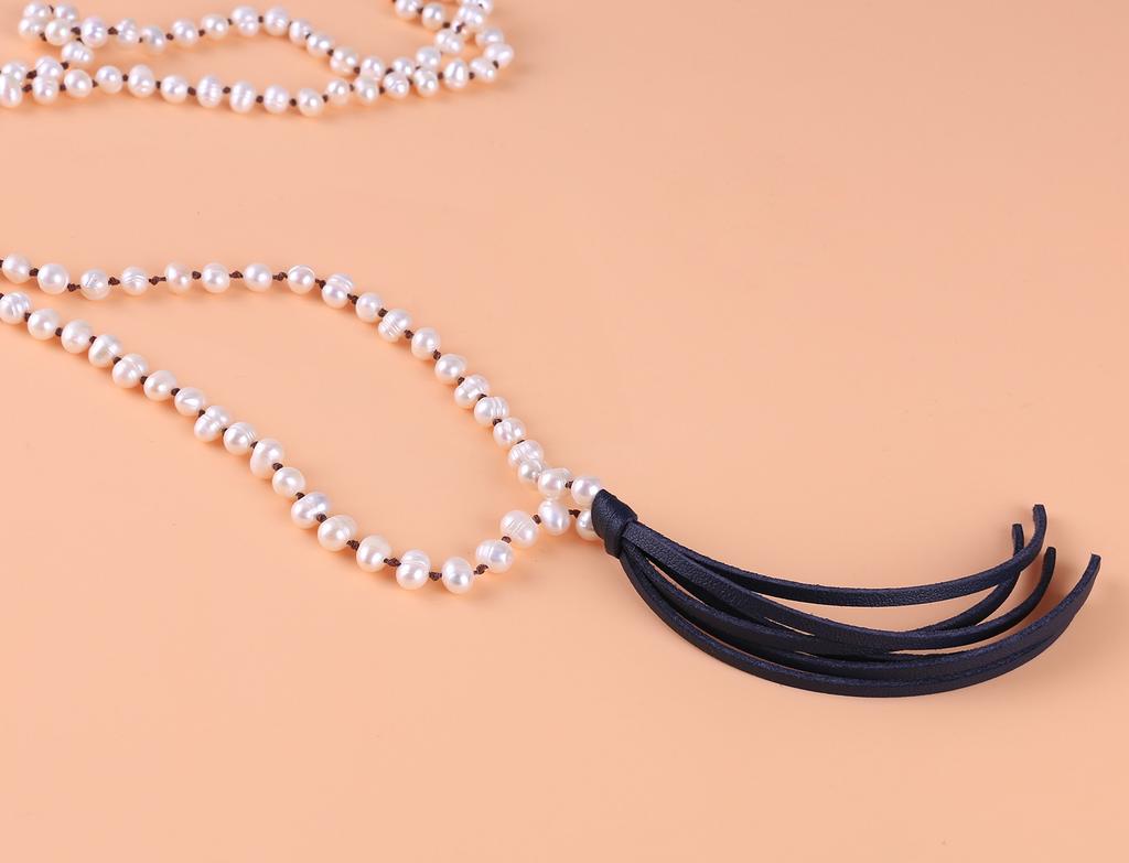 KELITCH June Birthstone Pearl Necklace for Women, Long Beaded Necklace with Tassel (Lake Blue)