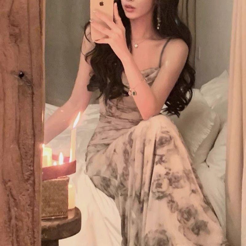 French retro mesh printing suspender dress women's summer design sense niche pure desire slim-fitting hip-wrapped long skirt