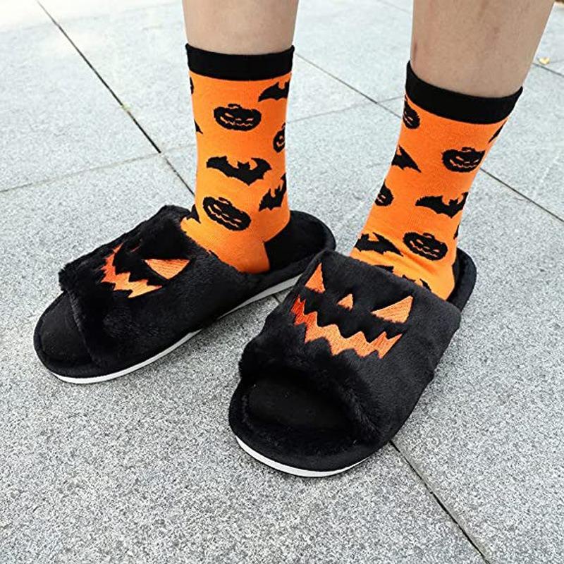 Halloween Large Size Slippers Women's Pumpkin Lantern Slippers Plush Comfortable Open-toed Women's Slippers