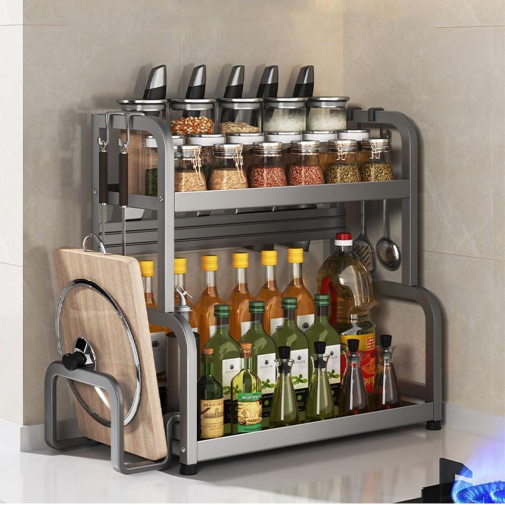 2/3 Layer Seasoning Organizer Carbon Steel Seasoning Bottle Rack with 4 Hooks Countertop Organizer Multi-Function for Kitchen