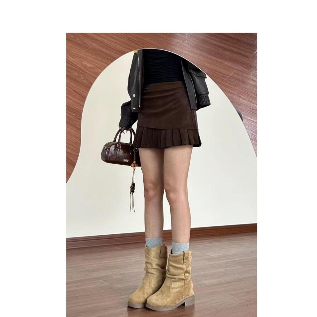 Autumn/Winter High-End Suede Pleated Coffee A-Line Short Skirt for Plus Size Women