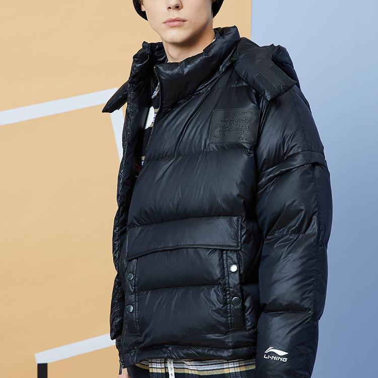 Li Ning Warm Removable Hood Loose Down Jacket Men Outerwear Black AYMQ177-2
