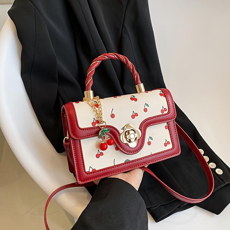 Cherry Print Handbag for Women, Sweet Mini Crossbody Bag, Stylish Flower Lock Shoulder Bag Square Purse