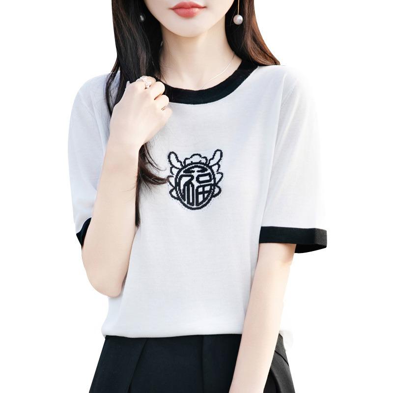 

Летний новый тонкий женский топ больших размеров с короткими рукавами, круглым вырезом и футболкой Tencel M белый