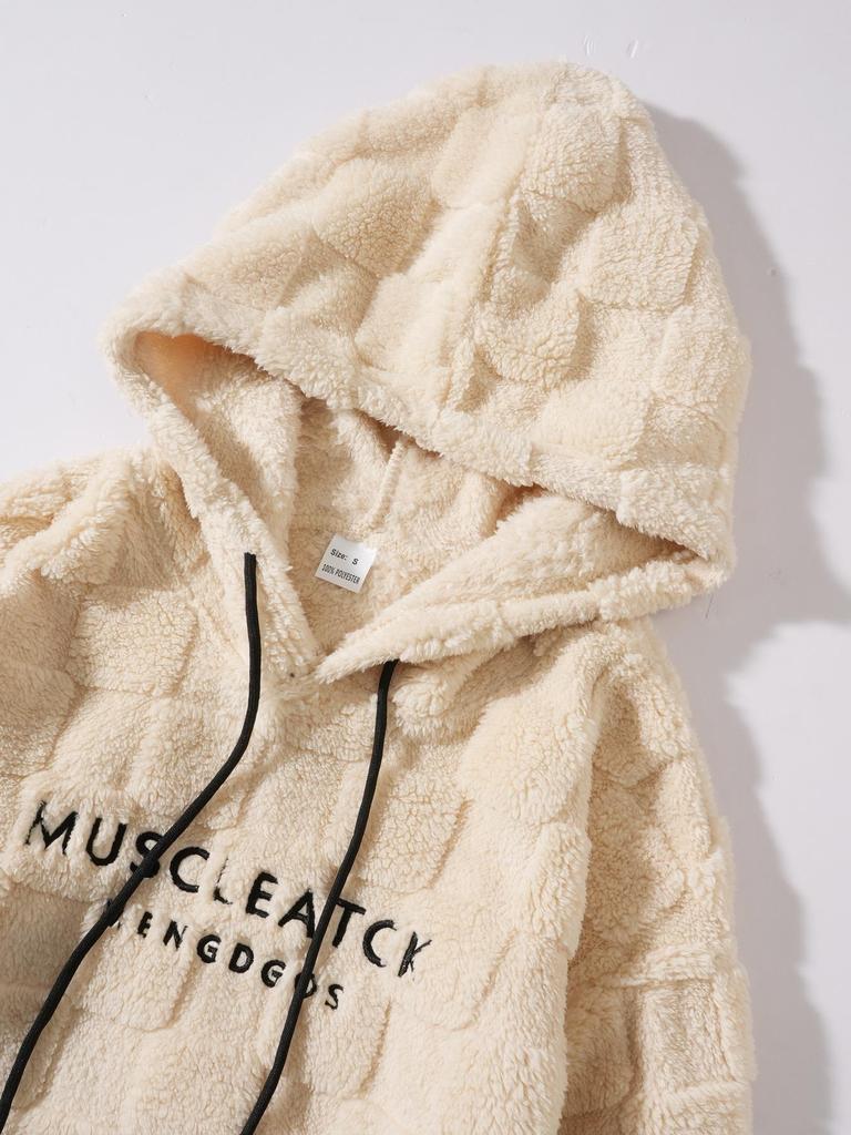 2025 Autumn/Winter Men's Embroidered Fur Hoodie with Drawstring