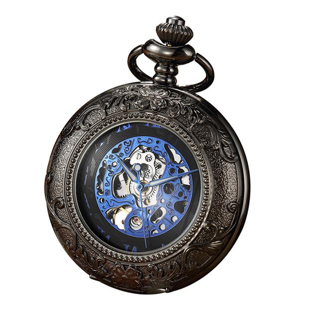 Luxury Retro Golden Hollow Skeleton Mechanical Pocket Watch Mens Fob Chain Steel Exquisite Sculpture Men Pocket Watch Gifts