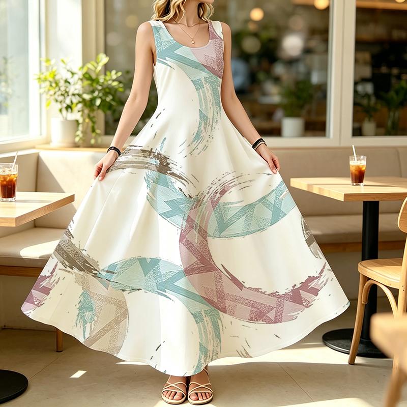 U-Neck Sleeveless Maxi Dress,Lightweight Breathable Fabric,Simple Geometric Design,Fashion Elegant for Beach Vacation & Daily Summer Casual Outing