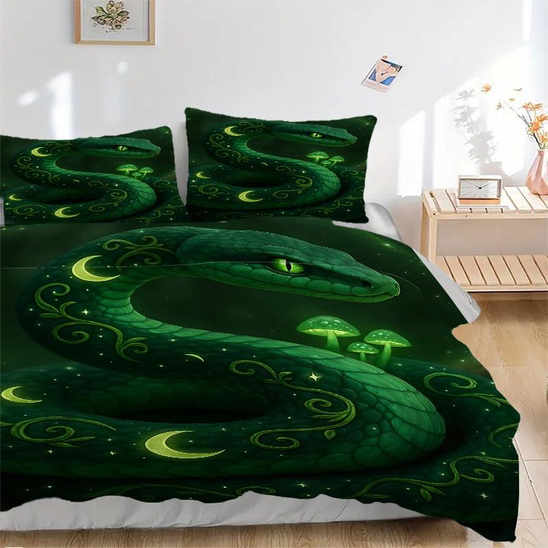 

3pcs Green Serpent Print Duvet Cover Set, Cover For Bedroom Guest Room (1 Duvet Cover + 2 Pillowcase, Without Quilt), yy250922220 135x200cm