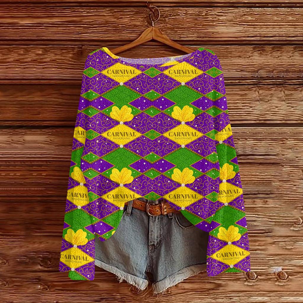 Women's Fashion Round Neck Long Sleeve Print Casual Pullover Sweater Top