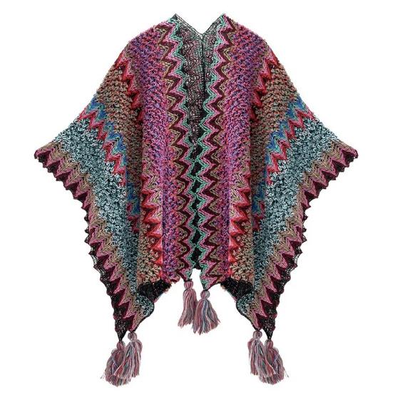 Shawl Wraps for Women Boho Knit Poncho Ladies Rainbow Casual Loose Striped Fringe Blanket Scarf
