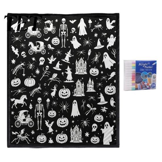 Cozy Warm Throw for Sofa Halloween DIY Coloring Blanket with 24 Markers, Washable Blanket, Color Art Therapy Relaxation Your Own Spooky Pattern