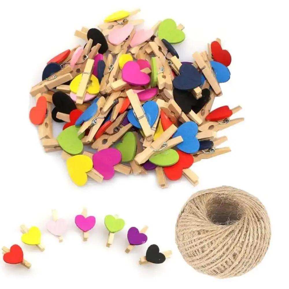 25/50Pcs Heart Wooden Clothespins, Colorful Mini Clips with Natural Jute Twine for DIY Crafts & Photo Display