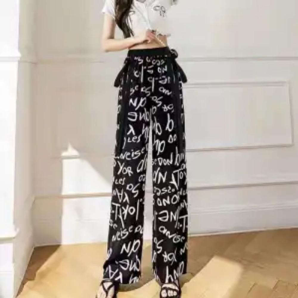 

Повседневные винтажные эластичные брюки с высокой талией и принтом, женская одежда, модные летние свободные брюки со шнуровкой и широкими штанинами XXL синий