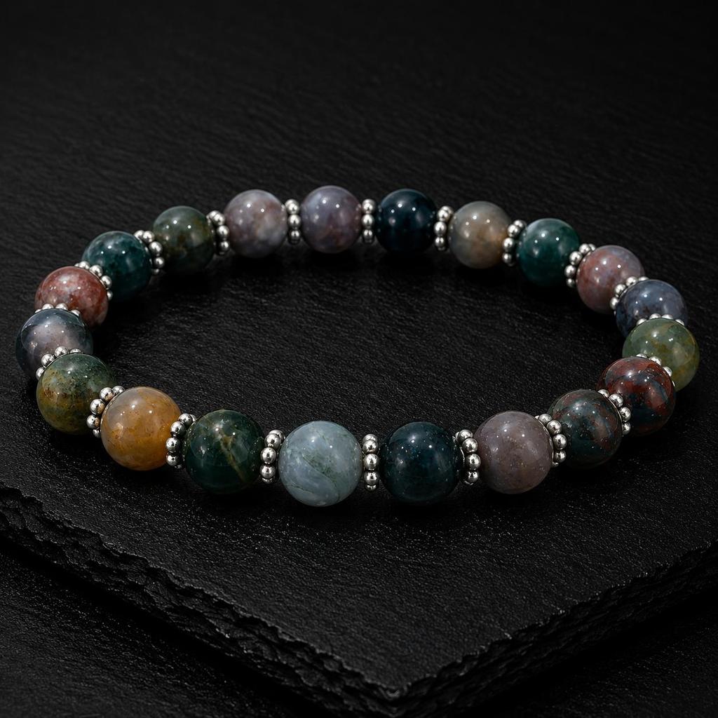 Indian Agate Gemstone Stretchable Bracelet 7.5" , Unisex Bracelet, Handmade Beads Jewelry, Birthday Gift For Love CSB-50