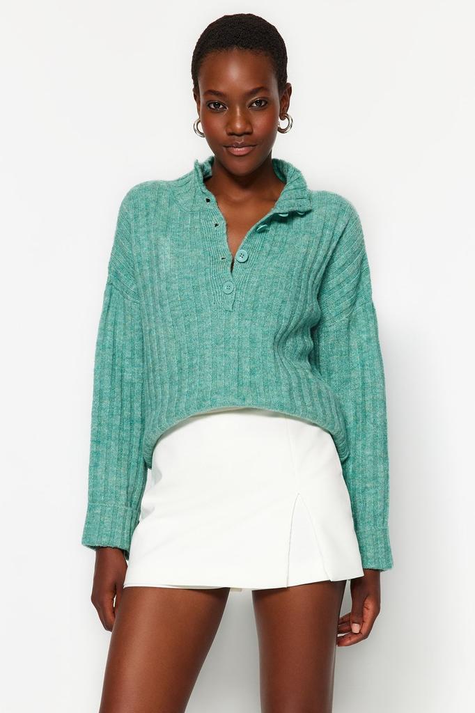 Women's Fashionable Stylish Sweater Stone Wide Fit Soft Textured High Collar Knitwear Sweater