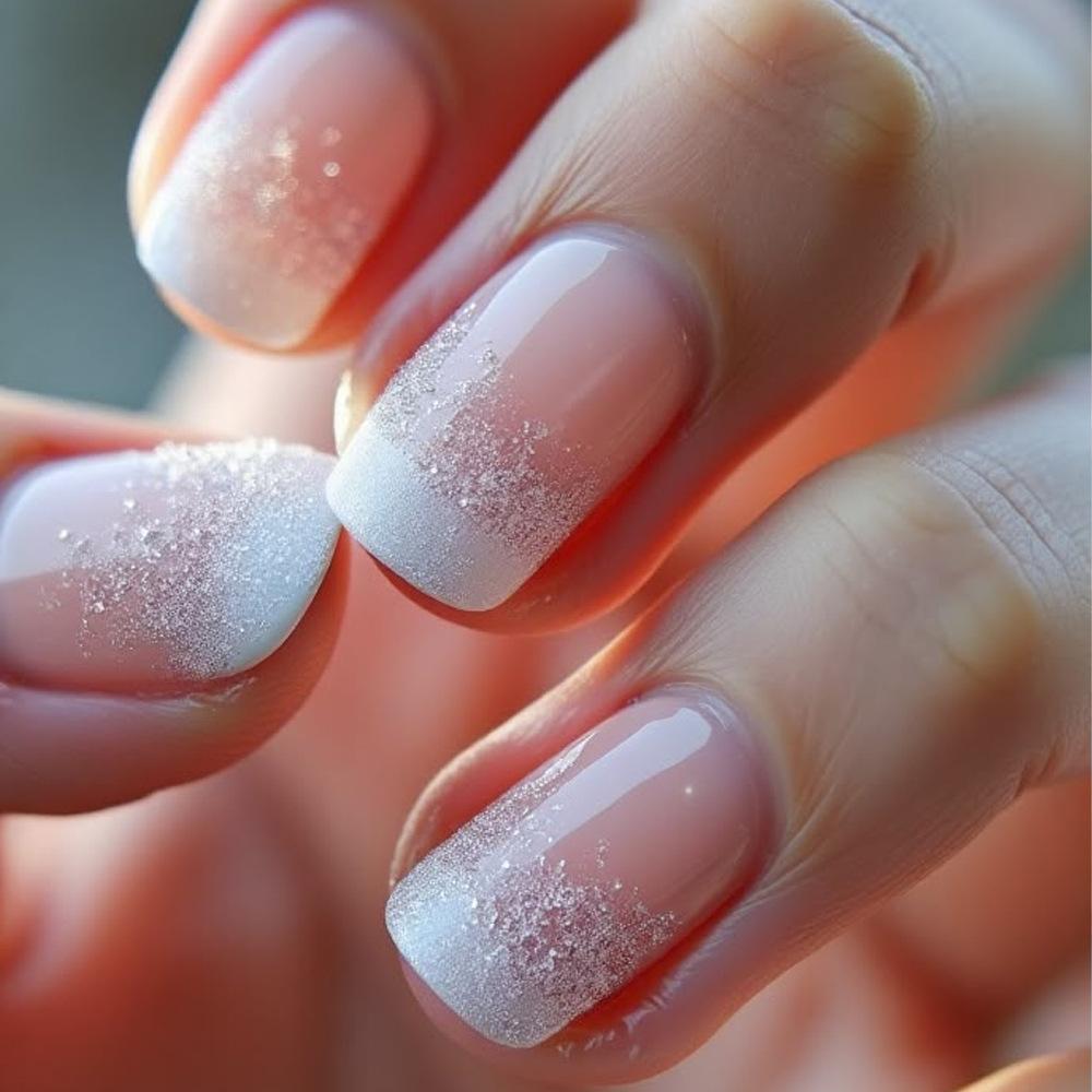 24Pcs Short French Tip False Nails Shimmer Ballet Nail Art Full Cover Sheer Press On Manicure Tips For Girls Daily Wear