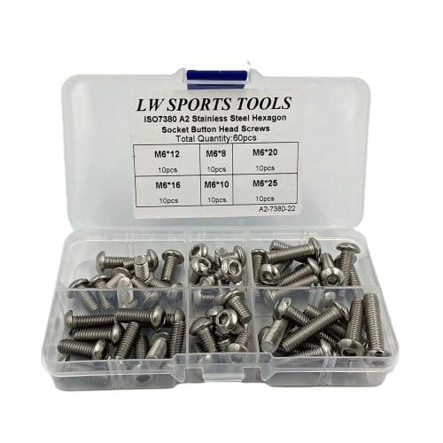 60-Piece M6 Stainless Steel Round Head Hex Socket Bolts with Plastic Case