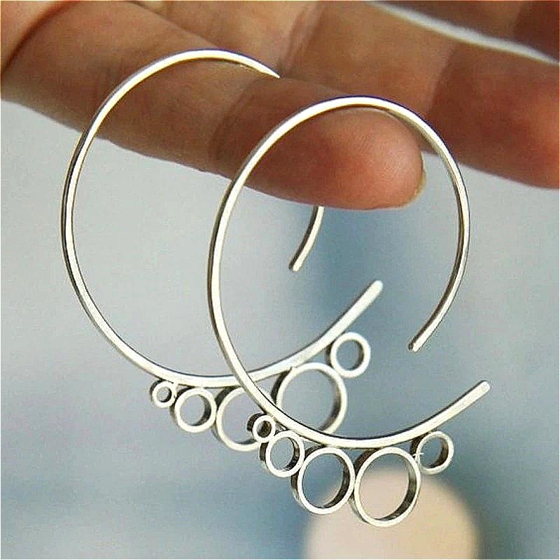 Vintage Geometry Hand Carved Hollowed Silvery Plated Pendant Earrings for Women  Concise Party Jewelry Accessories Crafts