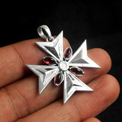 Garnet Maltese Cross Pendant Solid 925 Sterling Silver Handmade Jewelry