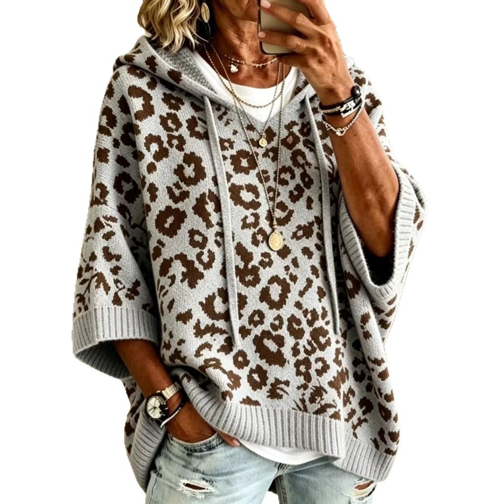 Leopard print hooded sweater European and American sweater sweater drawstring knitted outer top knitted pullover hoodie